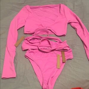 Women’s Pink Long-Sleeve Bikini 3 Pc Set